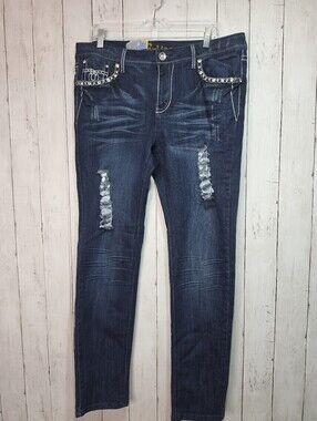NWT E-LINE Womens Blue Embellished Distressed Ripped Stretch Denim Jeans Size 2X